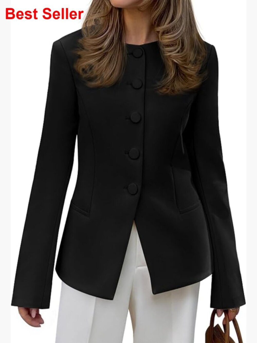Polyester Blazer Women Business Casual Open Front Long Sleeve Button Jacket